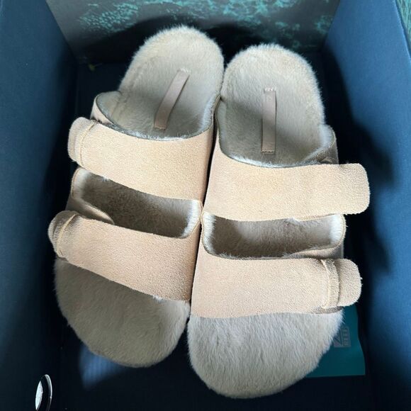 Reef Ojai Ciara 2-Bar Shearling Lined Tan Suede Platform Slides Women’s Size 9 - Picture 2 of 8